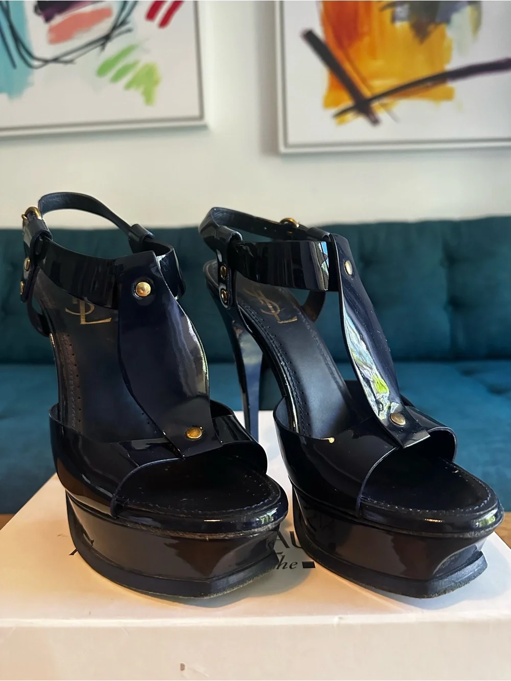 Authentic YSL Saint Laurent Women's Navy Blue Patent Platform Sandals